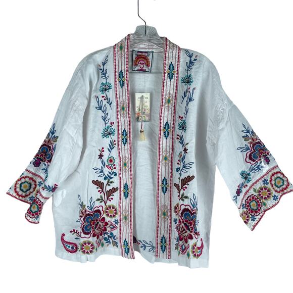 Johnny Was Sicilia Cropped Linen Kimono Jacket Floral Embroidery Size XS - Picture 5 of 12